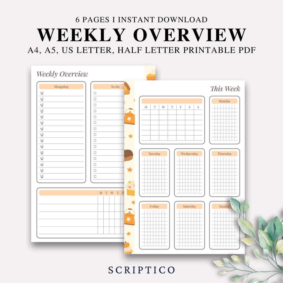 Weekly Overview Printable Planner, A4 A5 US Letter Half Letter, to Do ...