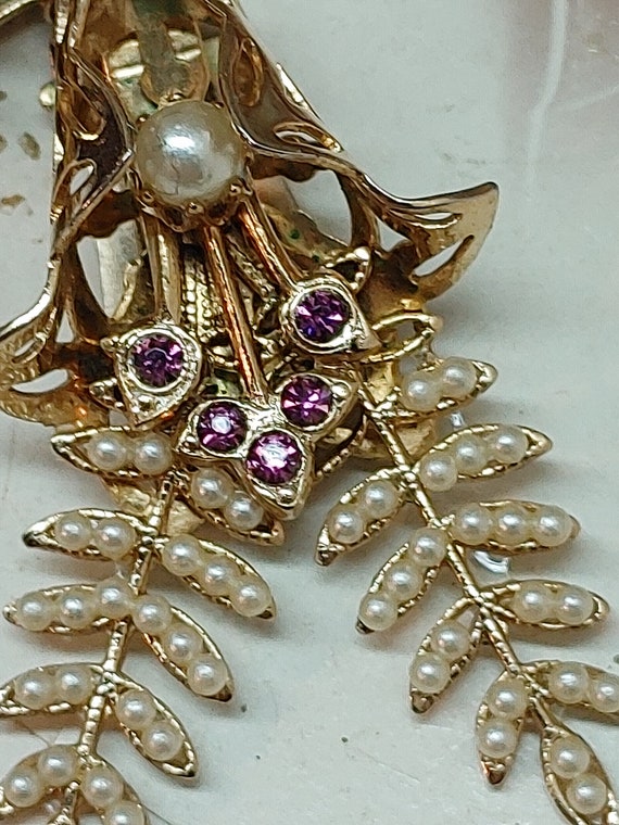 Vintage Gold Tone Tiny Seed Pearl and Pink Stone … - image 2