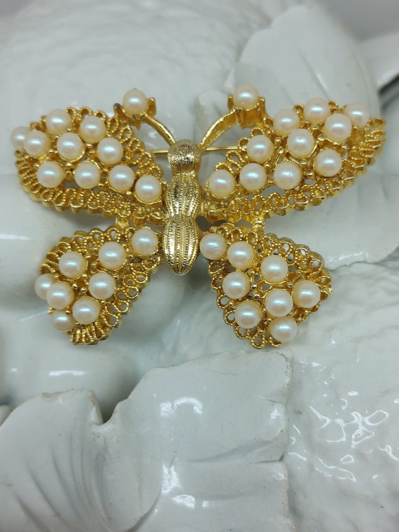 Vintage Signed M Jent Butterfly Pin Gold Tone and 