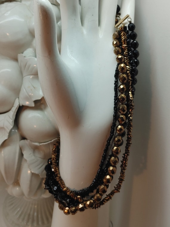 Elegant Vintage Jet Black Beaded 5 Strand Necklace