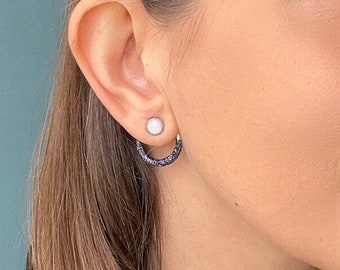 Circle Ear Jacket Earrings with Black Glitter