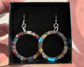 Boucles d'oreilles en résine véritable fleur, argent sterling 925, pendentif cercle floral