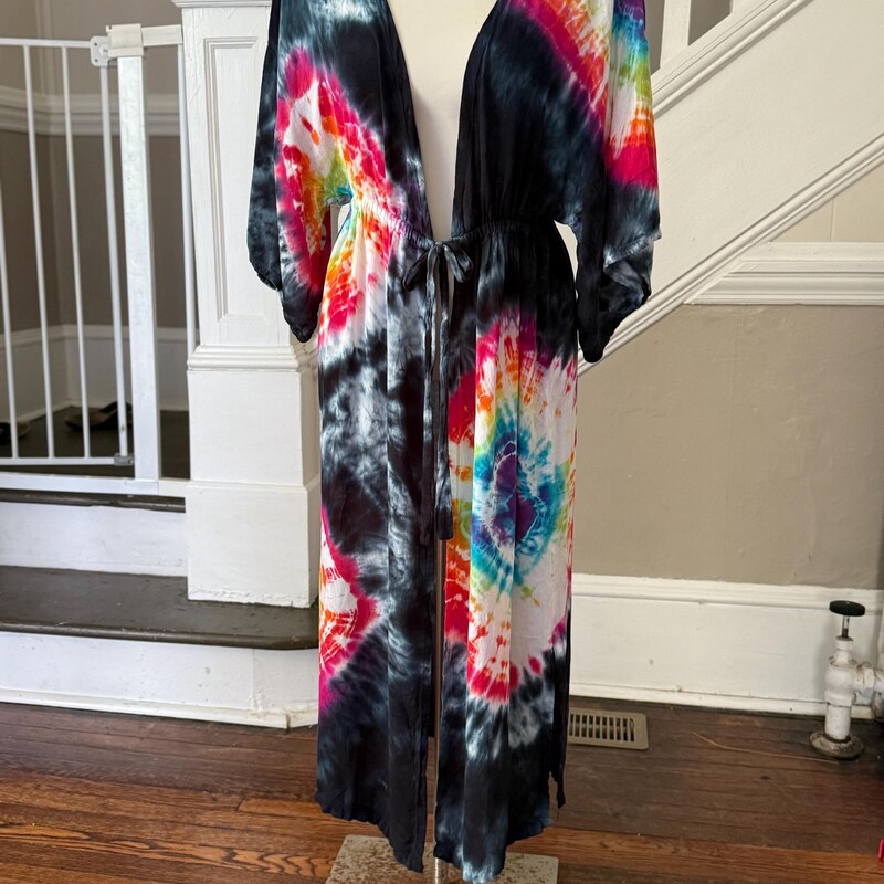 Tie Dye Stripe Long Kimono - Turquoise & Grey