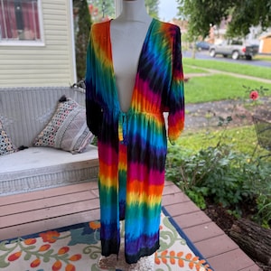 Ready to Ship, Size Large, Rainbow Tie Dye Kimono Duster, Bohemian Rayon Cardigan, Plus Size
