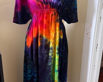 Rainbow Space Tie-Dye Caftan Dress with Pockets, Flowy Rayon Beach Cover-Up, Lightweight dress