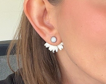 Front Back Earrings, Real Daisy Flower Ear Jacket Earrings