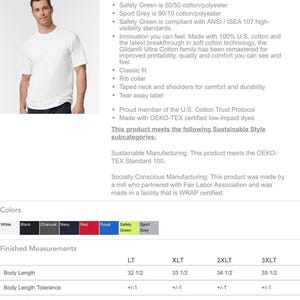 May include: White Gildan Ultra Cotton T-shirt, classic fit with a rib collar and taped neck. The shirt is made of 100% cotton and is available in various colors. Measurements: Body Length 32 1/2 inches to 35 1/2 inches, Chest Width 22 inches to 28 inches.