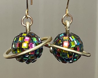 Rainbow Disco Ball Saturn Earrings, Fun Earrings