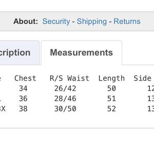May include: A size chart table with black text on a white background. The table lists sizes S/M, L/XL, and 2X/3X with corresponding measurements for chest, R/S waist, length, and side slit in inches. The header includes tabs for Description and Measurements.