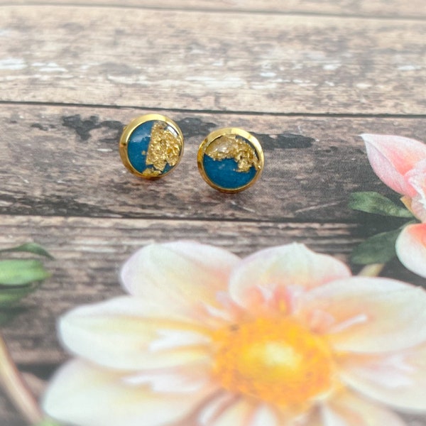 Blue Gold Stud Earrings Stainless Steel, Minimalist Earrings Stud, Blue Gold Bridesmaid Gifts, Handmade Resin Jewelry, Vday Gifts for Women