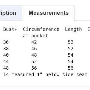 May include: A white table of clothing measurements, including bust, circumference, length, and inseam, for sizes S, M, L, XL, and 2X. Bust is measured 1 inch below the side seam. The table provides detailed sizing information.