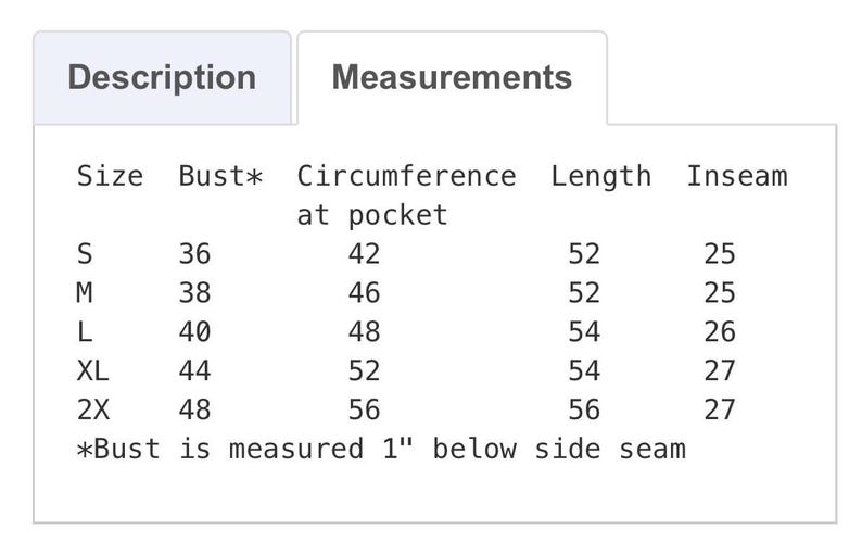 May include: A white table of clothing measurements, including bust, circumference, length, and inseam, for sizes S, M, L, XL, and 2X. Bust is measured 1 inch below the side seam. The table provides detailed sizing information.