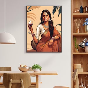 Modern Indian woman drinking art, Modern Indian wall art, Desi art, South Asian Prints, Indian Art, South Asian, Brown girl, Desi wine art