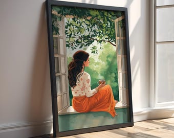 Indian Woman Drinking Chai , Desi Art, Indian Art, Tea art, Woman Drinking Coffee Art, Coffee Lover, South Asian Print