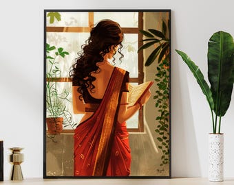 Modern Indian Wall  art, Desi Art, Reading book South Asian Woman Art, Brown Girl Art, South Indian Art, Tamil girl Illustration