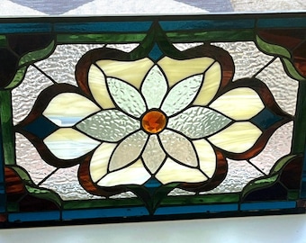 Handmade Victorian-Inspired Stained Glass Window Panel Approx 13.5”H x 20”W