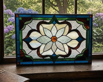Handmade Victorian-Inspired Stained Glass Window Panel Approx 13.5”H x 20”W