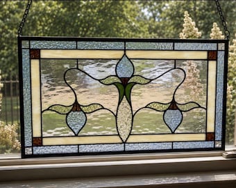 Handmade Victorian Tiffany style stained glass window panel large 19.75” x 9”