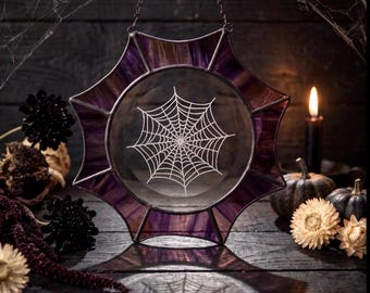 Dark Purple Spiderweb Stained Glass Suncatcher – Gothic Halloween Window Decor, Etched Spiderweb Bevel