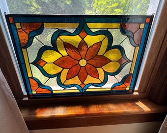 Handmade Victorian Autumn-Inspired Floral Stained Glass Window Panel Approx 13.5”H x 20”W