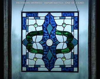 Handcrafted Victorian Stained Glass Window Panel: Blue & Green Jewel Accent (16.5" x 16.5")
