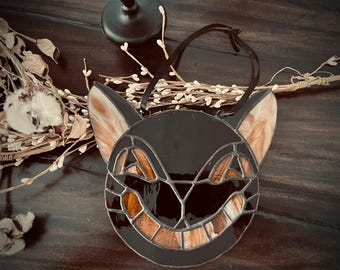Handmade Vintage Halloween Cat Stained Glass Window Hanging - 8" x 8"
