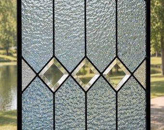Handmade Beveled Stained Glass Window Panel, Light Blue English Muffle 11 3/4 x 14 3/4”