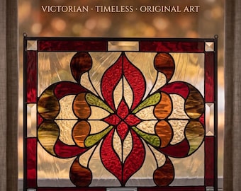 Victorian Autumn Fall Inspired Handmade Stained Glass Window Panel Hanging Approximately 14 x 18”