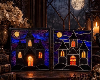 Handcrafted Stained Glass Haunted House Window: Gothic Halloween Decor (10" x 10")