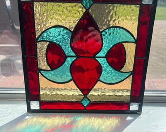 Handmade Antique-Inspired Stained Glass Window Panel: English Muffle, Bevels (11" x 11")