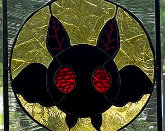 Handmade MOTHMAN stained glass window panel window hanging CRYPTID Approx 11 x 11.75”
