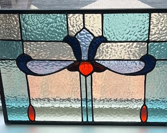 Handmade Antique-Inspired Stained Glass Window Panel, Pale Blue Amber English Muffle, 16”x13”