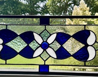 Handmade Victorian Stained Glass Window Panel: Blue Textured Transom Hanging