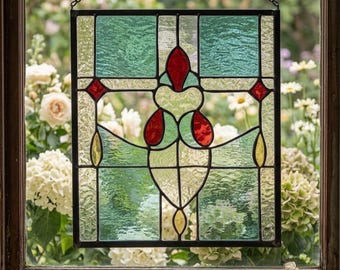 Handmade Antique-Inspired Stained Glass Window Panel: Pale Blue, Amber, Red English Muffle, Clear Waterglass
