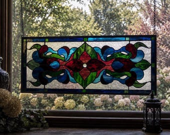 Handmade Victorian Stained Glass Window Panel, Tiffany Style, 9” x 23”