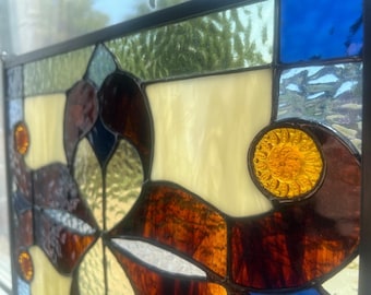 Handmade Victorian-inspired multi-colored stained glass window panel with amber glass jewels. FREE DOMESTIC SHIPPING!