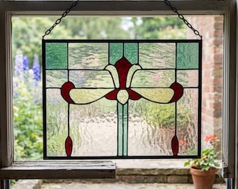 Handmade Antique-Inspired Stained Glass Window Panel: Pale Blue, Red English Muffle, Waterglass