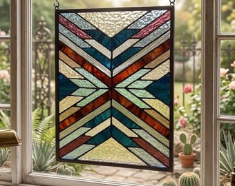Handmade Southwest Stained Glass Window Panel, Tiffany Style (14” x 12")