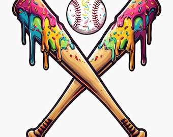 Pegatina de helado de béisbol con efecto de goteo, calcomanía de bate con efecto de goteo arcoíris / Pegatina de vinilo impermeable / Regalo para mamás beisboleras / Pegatina para botella de agua de portátil