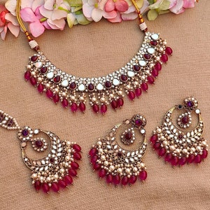 Conjunto de collar de espejo con pendientes y Mangtikka Red