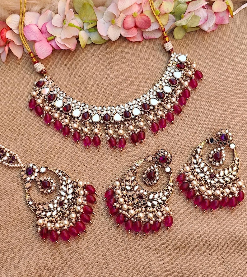 Conjunto de collar de espejo con pendientes y Mangtikka Red