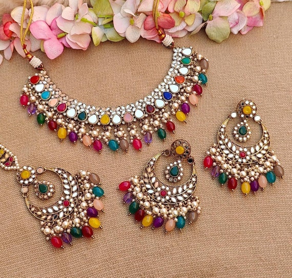 Mirror Necklace Set with Earrings and Mangtikka