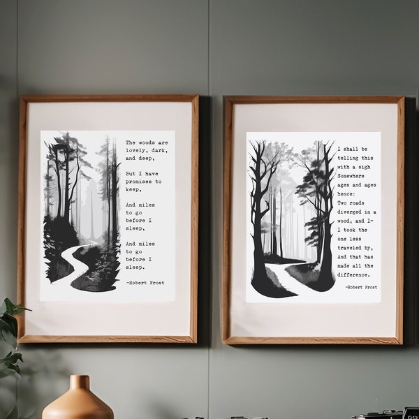 Robert Frost Poems with Artwork , Road Not Taken, Stopping by Woods Snowy Evening, Minimalist, Inspirational Wall Art Excerpt, B&W Printable