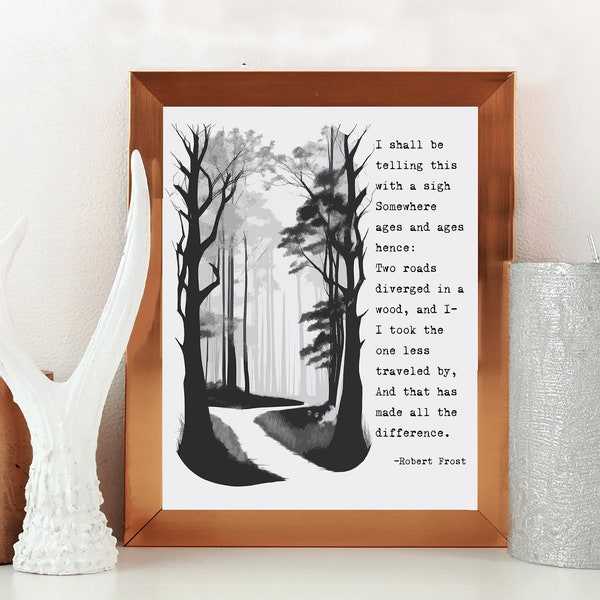 Robert Frost Poem Wall Art with Artwork , Road Not Taken, Road Less Traveled Exploring, Minimalist Inspirational Saying Art, B&W Printable