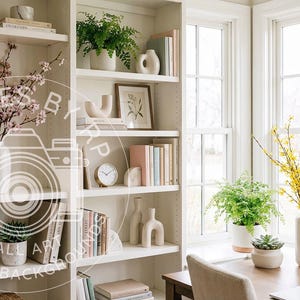 Puede incluir: Escena interior luminosa con una estantería blanca llena de libros, jarrones y plantas en macetas. Un escritorio y una silla están cerca de una ventana, con un jarrón de flores amarillas. El estilo es limpio y minimalista.
