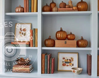 Fall home office background for Zoom meetings, Virtual bookcase autumn backdrop, Digital Download