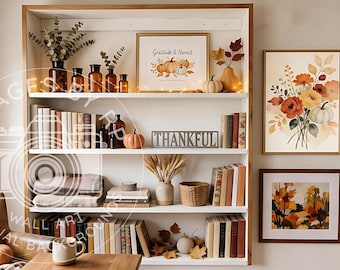 Autumn bookshelf background for Zoom meetings, Virtual fall home office backdrop for Teams, Fall Digital Download