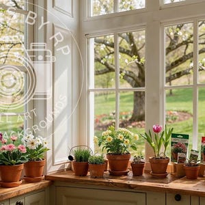 Puede incluir: Un alféizar soleado muestra macetas con flores en macetas de terracota, incluyendo gerberas rosas y un tulipán rosa. Herramientas de jardinería y sobres de semillas están dispuestos cerca, con una vista brillante al aire libre.