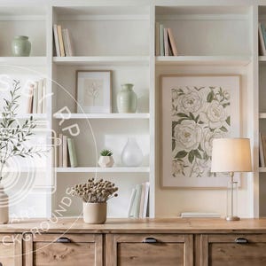 May include: A large white built-in bookshelf unit with four vertical sections featuring multiple shelves filled with various books, ceramic vases, a framed floral print, a small potted succulent, a table lamp, and a woven storage basket.