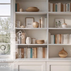 Könnte beinhalten: Ein weißes Bücherregal mit sechs Regalbrettern, gefüllt mit Büchern, Dekoartikeln und Pflanzen. Das Bücherregal steht an einer weißen Wand mit einem Fenster links.